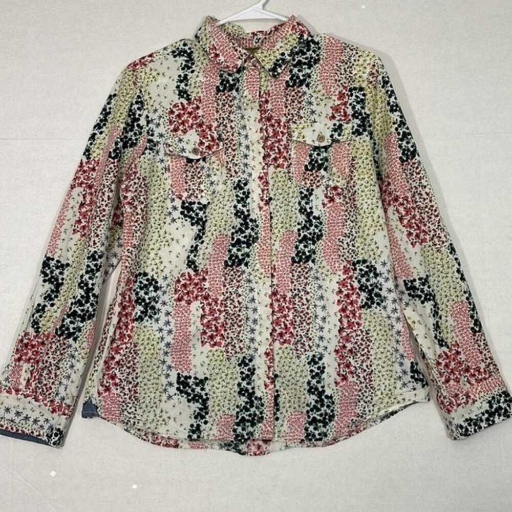Calvin Klein Blouse with Chest Pockets, Roll Tab Sleeves, Multicolor Floral, Lg